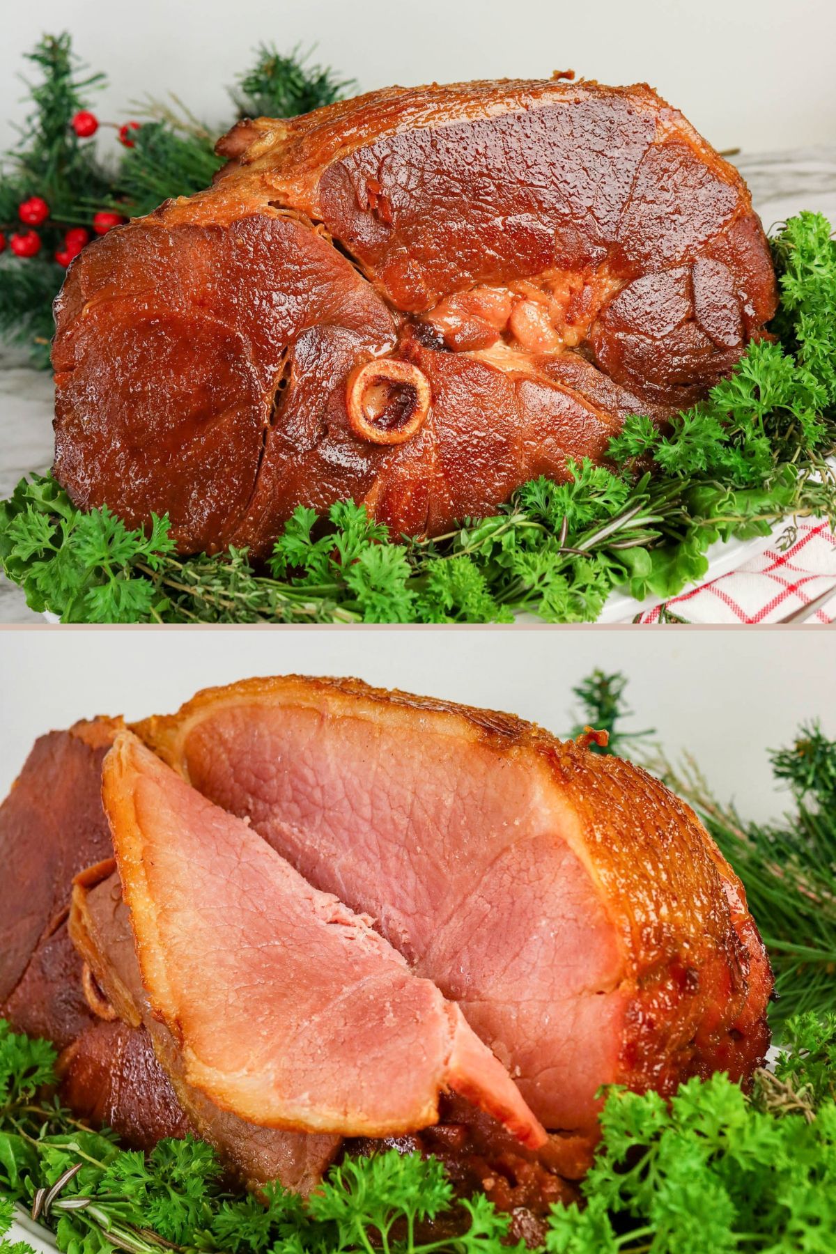 Cooked bone-in ham garnished with parsley, shown whole and partially sliced, with festive greenery.