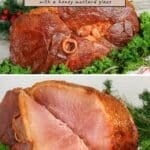 Whole and sliced Honey Glazed Spiral Ham on a platter with fresh herbs, with text describing the dish and its sweet, flavorful glaze.