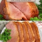 Sliced Honey Glazed Spiral Ham on a plate and cutting board, garnished with parsley.