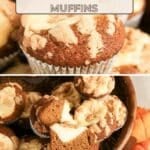 Pumpkin Cheesecake Muffins in a basket and close-up, topped with crumble, surrounded by fall decor for a cozy seasonal touch.