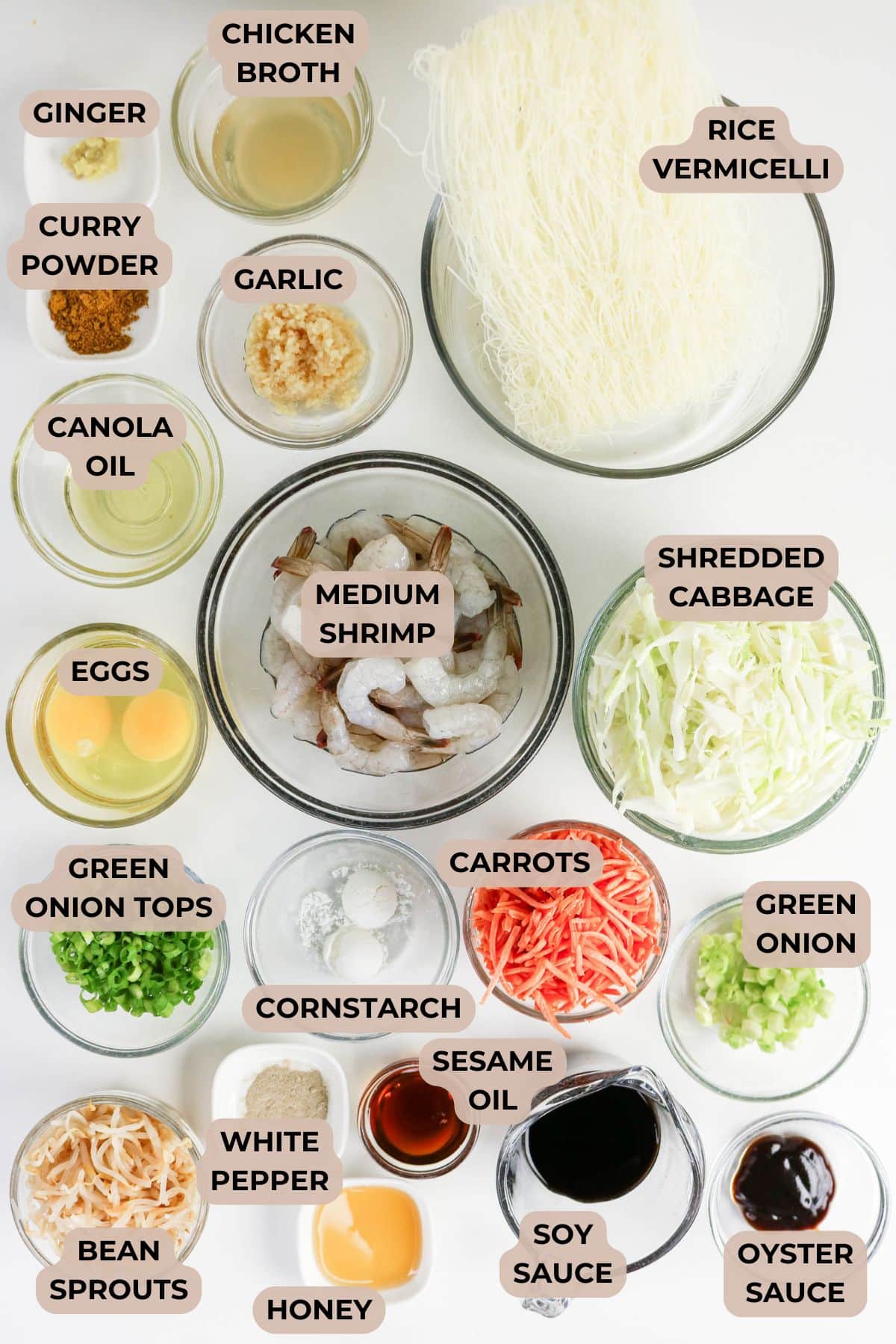 Labeled bowls of ingredients for a shrimp stir-fry, including noodles, vegetables, sauces, and seasonings.