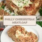 A slice of Philly Cheesesteak Meatloaf on a white plate.